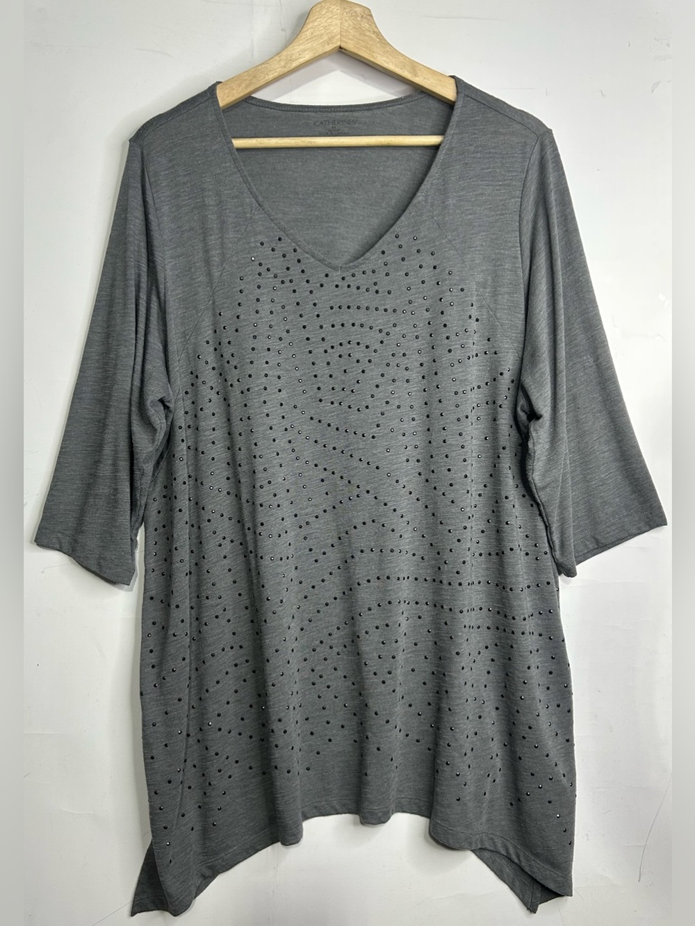 Catherines Grey Studded Asymmetrical Quarter Sleeve Shirt 0X (14/16W)